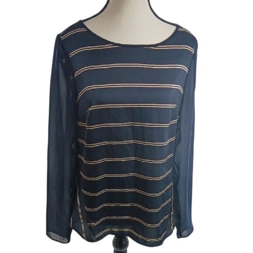 Ann Taylor Womens Blouse Navy Blue Sheer Striped Long Sleeve Size XS
